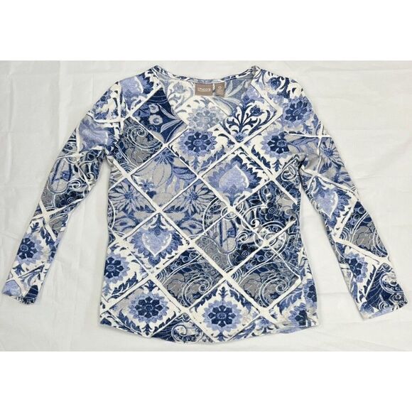 Chico's Victorian Annabel Tiles Top Size 0 - XS Blue & White Stretch - Picture 1 of 5